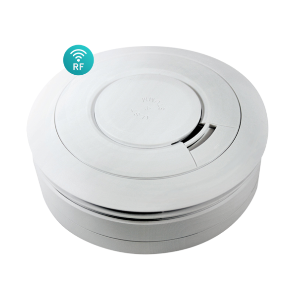 Ei Electronics Ei650iRF rookmelder, draadloos koppelbaar via RF, met 10-jaars lithium batterij. Zijaanzicht en RF icoon