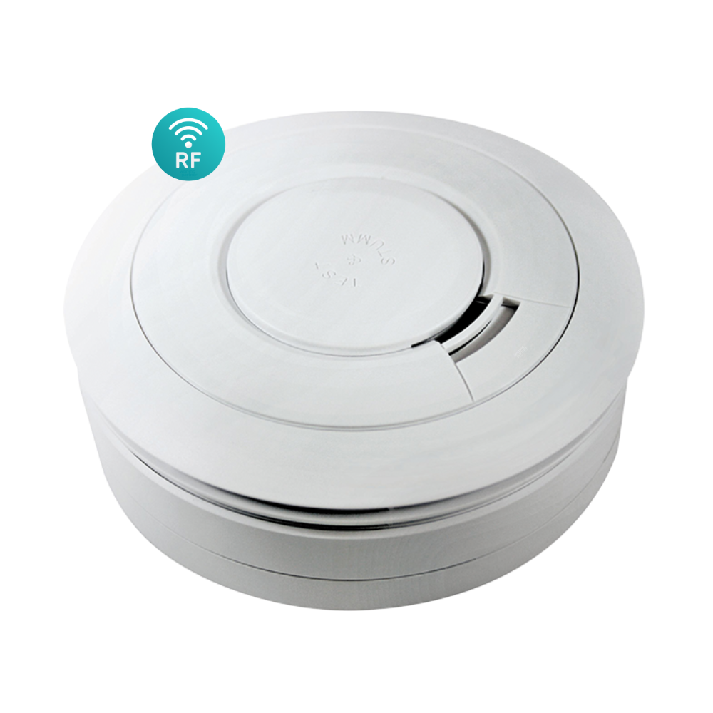 Ei Electronics Ei650iRF rookmelder, draadloos koppelbaar via RF, met 10-jaars lithium batterij. Zijaanzicht en RF icoon