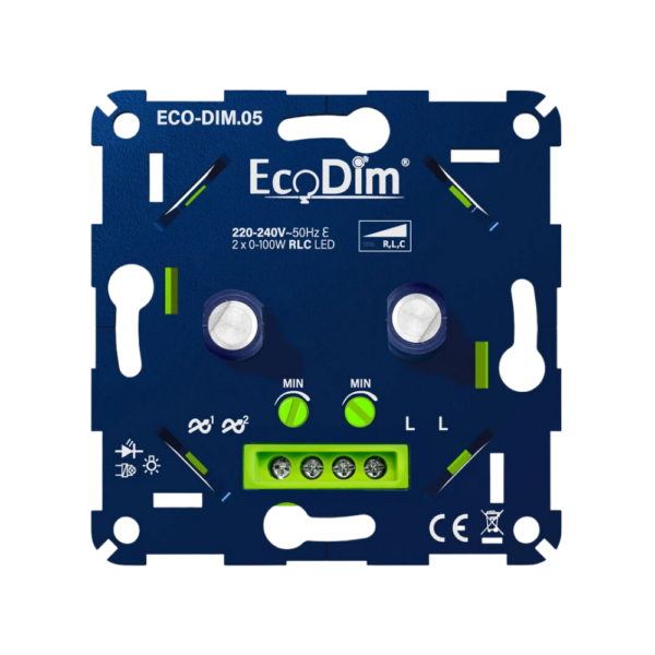 EcoDim.05 duo LED dimmer 2x0–100 watt RLC. Universele inbouwdimmer geschikt voor LED verlichting