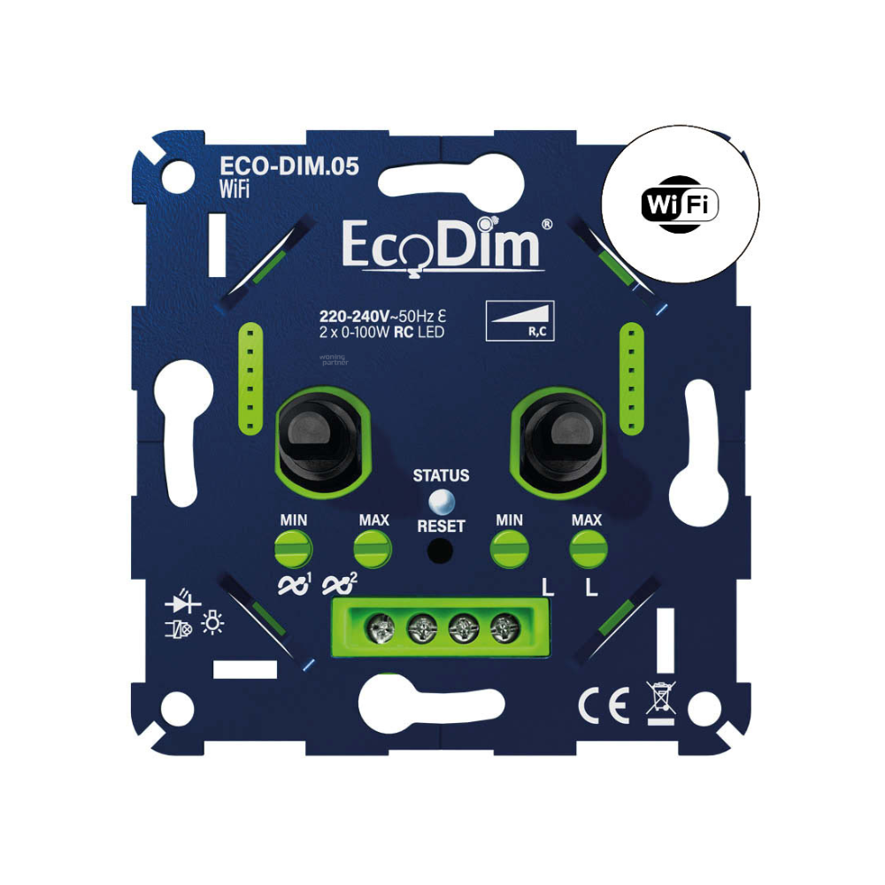 EcoDim.05 WiFi LED dimmer duo 2x0–100 watt. Universele inbouwdimmer met RC techniek voor LED verlichting.