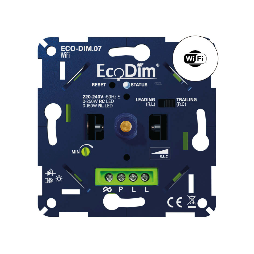 EcoDim.07 WiFi LED-dimmer met druk/draai bediening, geschikt voor LED tot 250 watt, Google Home, Alexa en diverse smart home apps