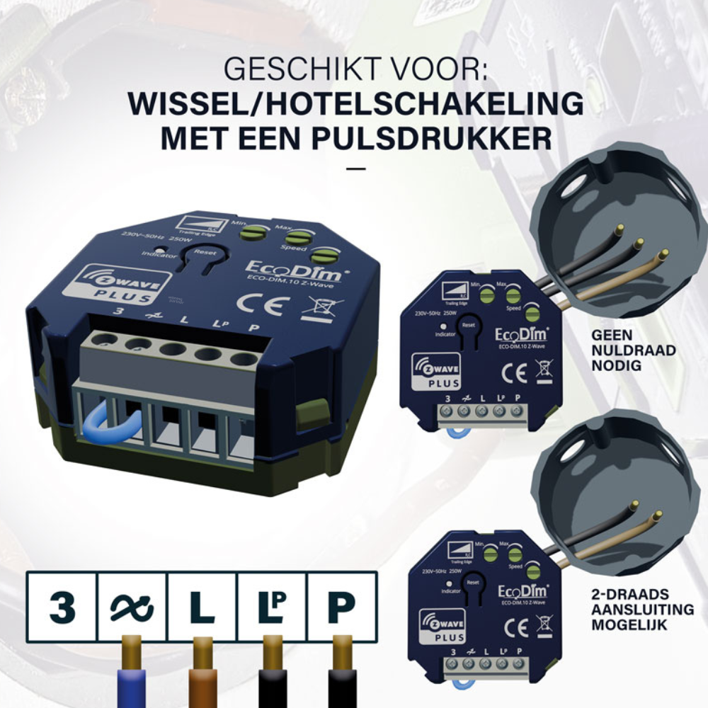 EcoDim.10 Z-Wave voorbeeld aansluiting Wissel/hotelschakeling