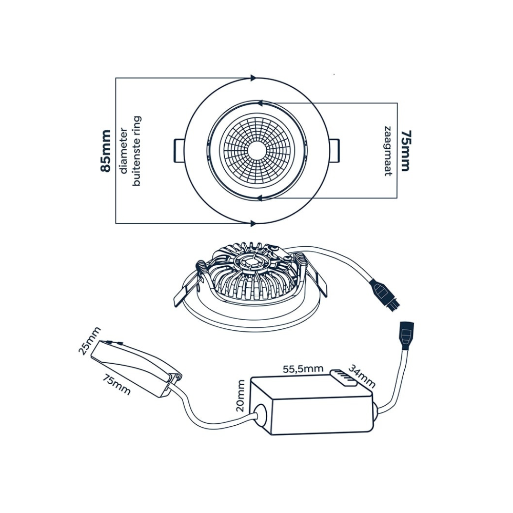 ED-10082 Led inbouwspot kleine inbouwdiepte IP54 2700K/3000K/4000K rond, zwart, 75mm - Afbeelding 9