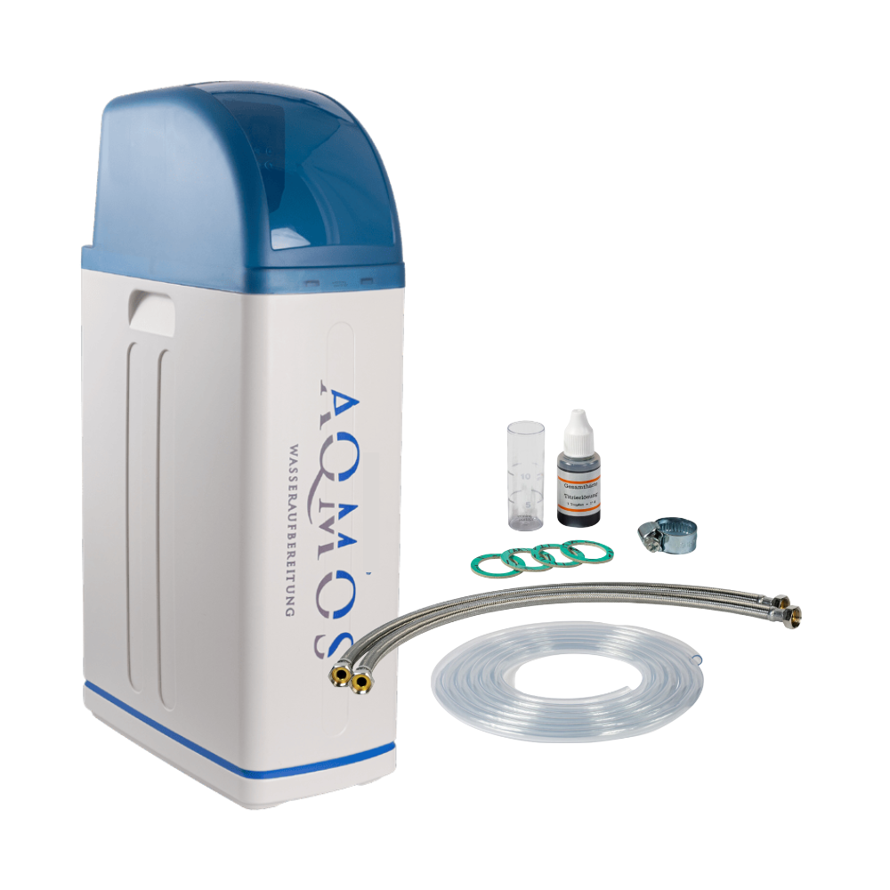 Aqmos R2D2-48 waterontharder compleet met aansluitset, testset en harsreiniger. Kalkvrij water voor huishoudens en bedrijven. Makkelijk te installeren.