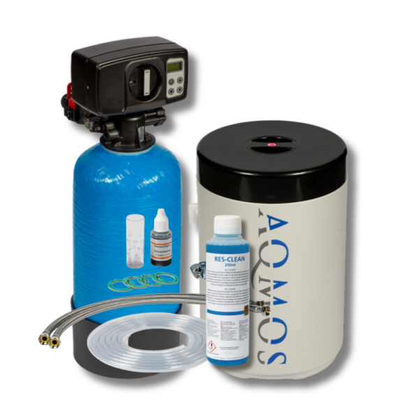 Aqmos BMX 32 waterontharder complete set met aansluitmateriaal en harsreiniger.