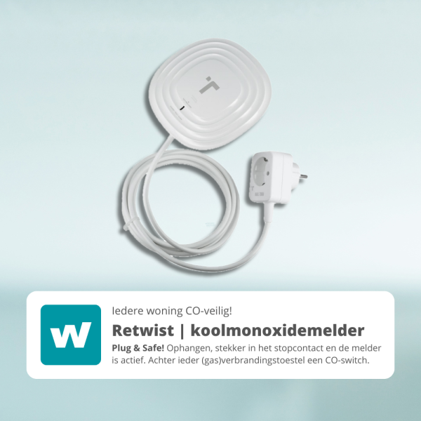 Retwist slimme koolmonoxidemelder 230 volt met CO-switch, direct in stopcontact te gebruiken voor veilige cv-ketels.