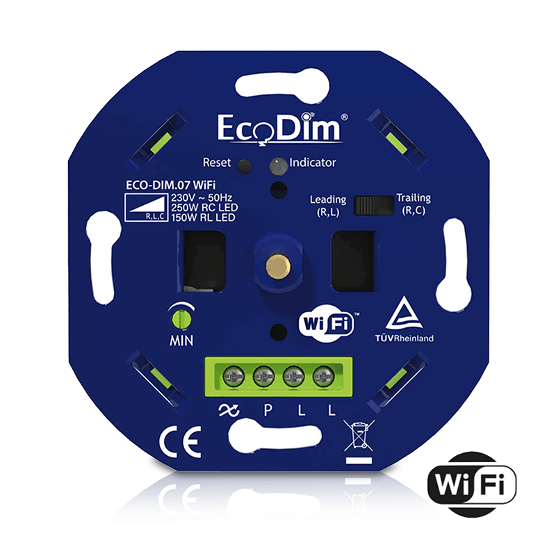 WiFi LED dimmer EcoDim.07 | druk/draai | 0-250w | fase afsnijding/aansnijding RLC
