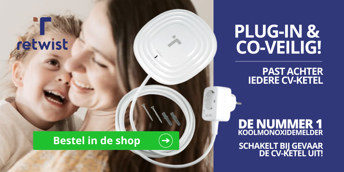 Retwist koolmonoxidemelder bij cv ketel voor veilige uitschakeling bij gevaar met plug in sensor en adapter