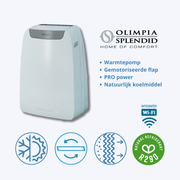 Dolceclima Air Pro 14 HP WiFi mobiele airco 3.5 kW met warmtepomp, gemotoriseerde flap en natuurlijk koelmiddel R290 van Woningpartner.