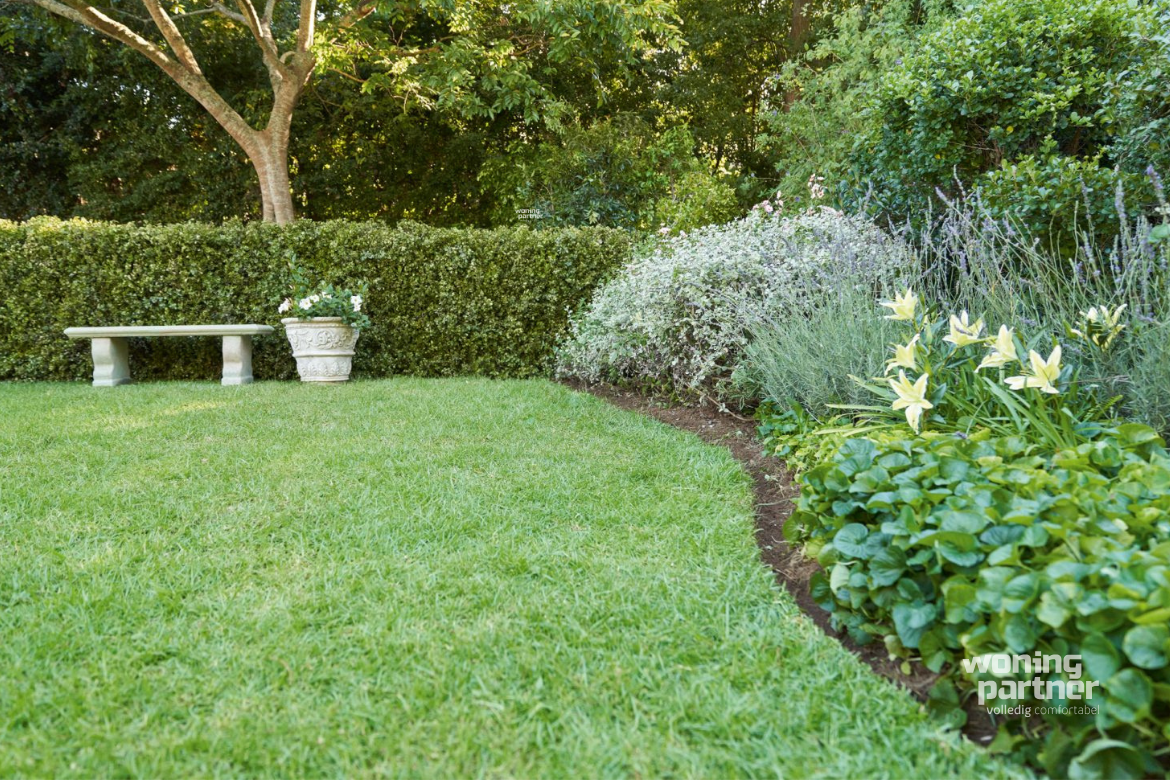 Tuin- en erfonderhoud Overijssel met strak gazon, sierplanten en groene erfafscheiding uitgevoerd door de specialist.